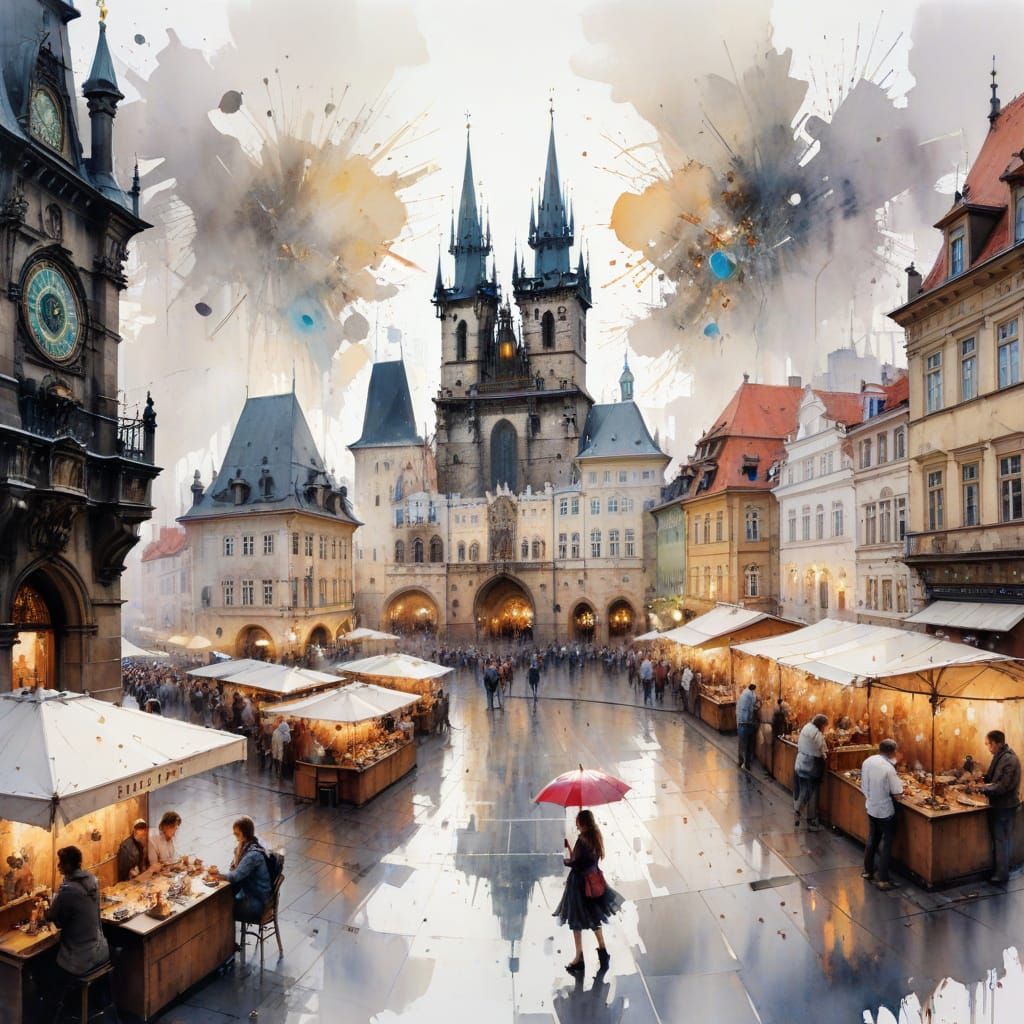Prague Old Town Square Aerial View Watercolor Art