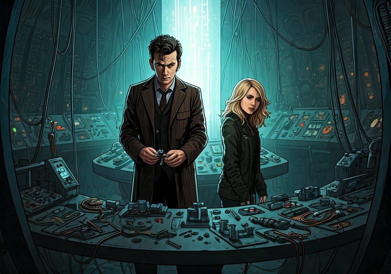 Doctor Who: Tenth Doctor and Rose in Cyberpunk TARDIS