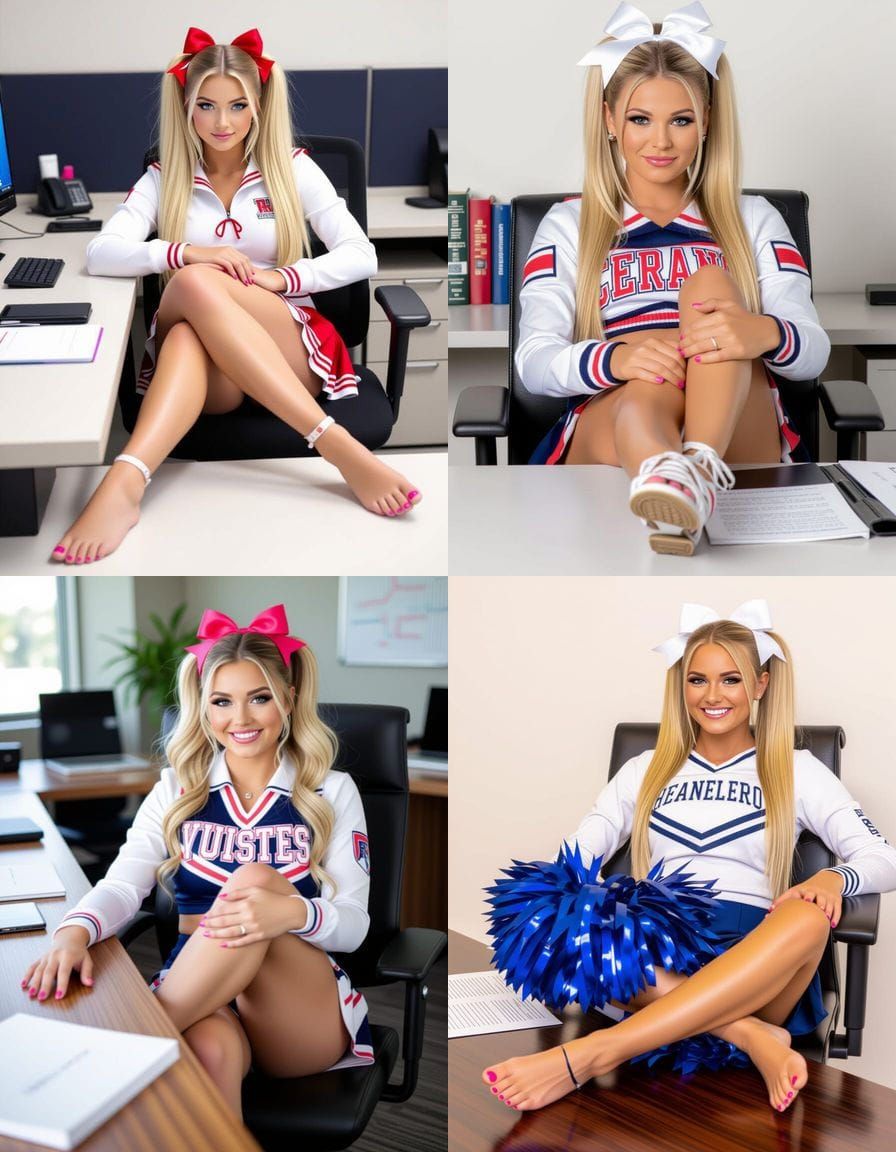 Blonde Cheerleader with Pigtails and Pink Toenails at Desk