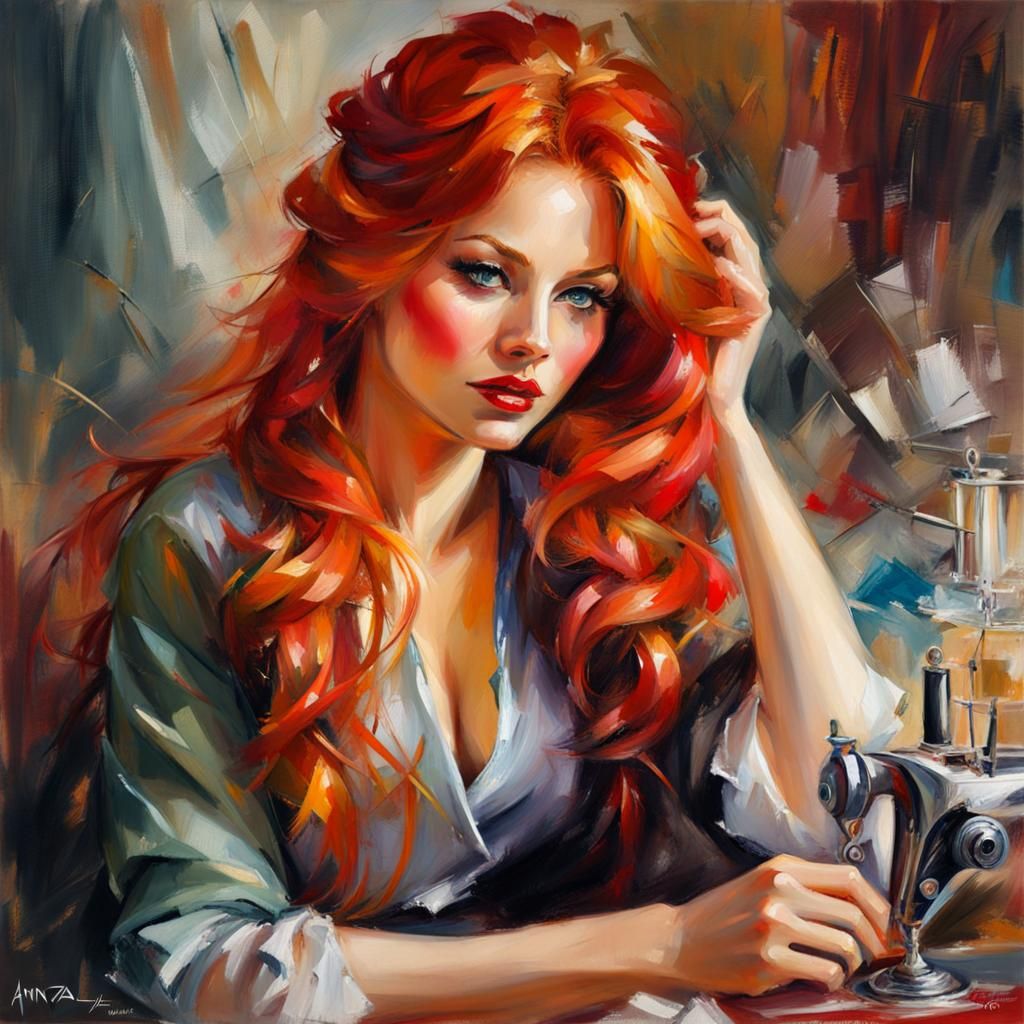 Red-Haired Seamstress Portrait in Impasto Style