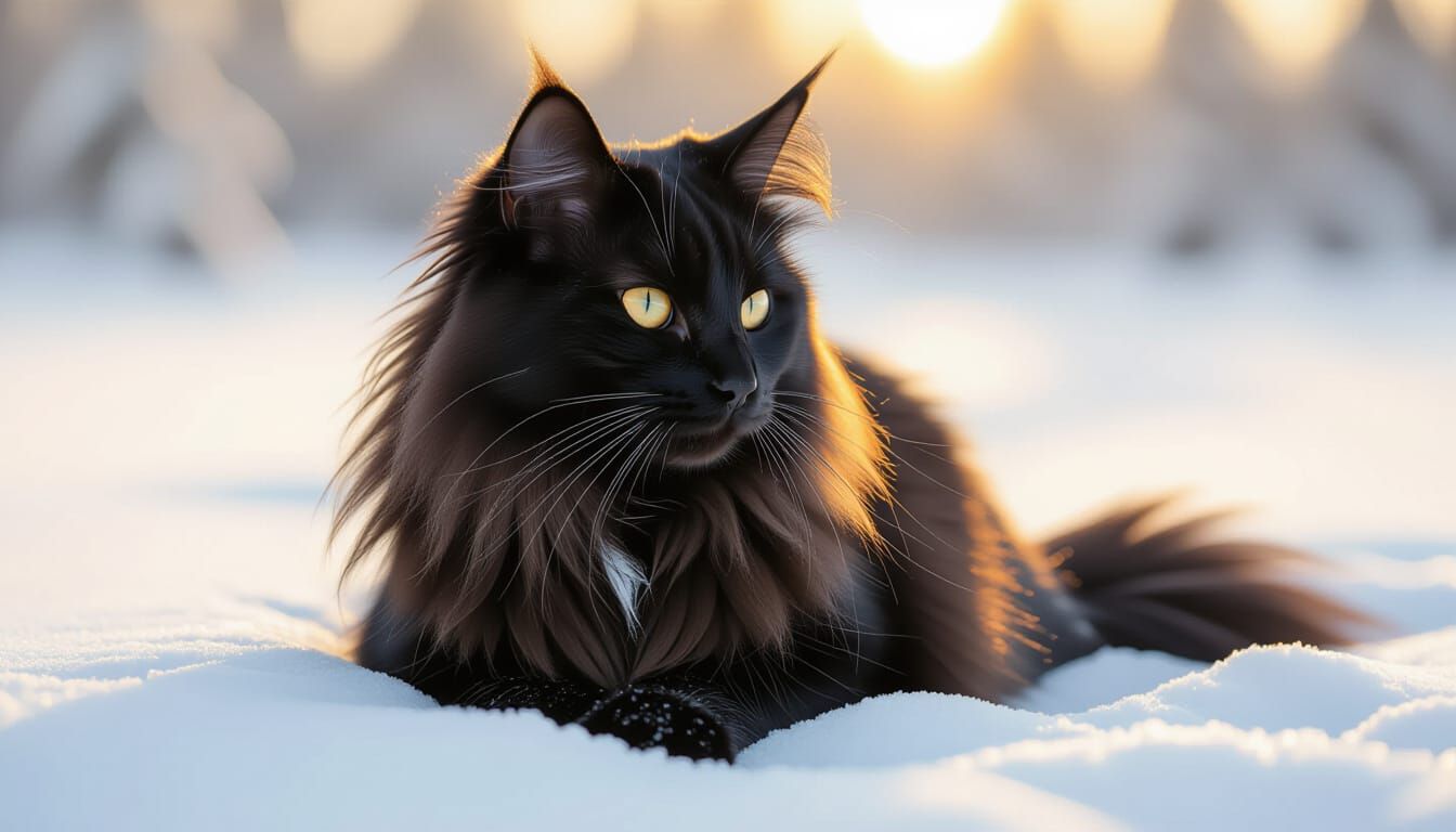 Black Long-Haired Cat Sits in Snowy Field at Golden Hour