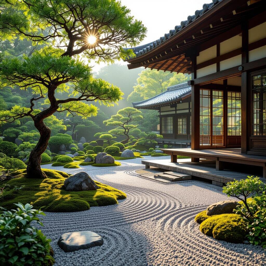 Photorealistic Japanese House and Zen Garden