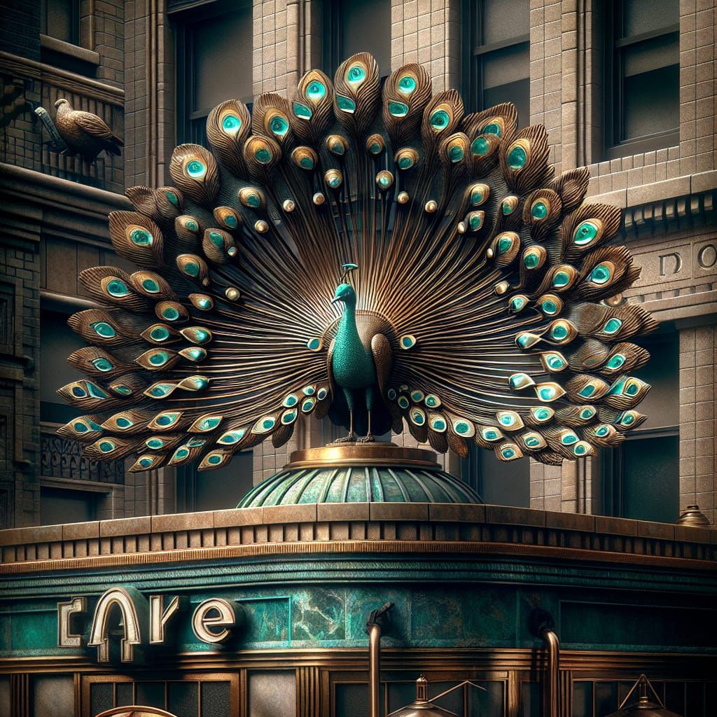 Timeless Bronze Peacock Statue on Vintage Portico Roof