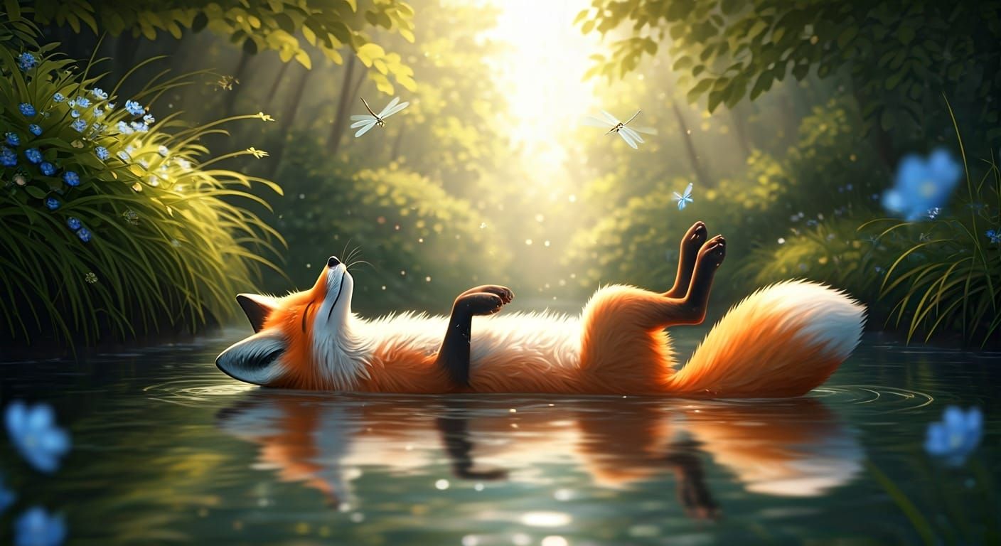 Fox in Forest River: Dreamlike Pastel Scene
