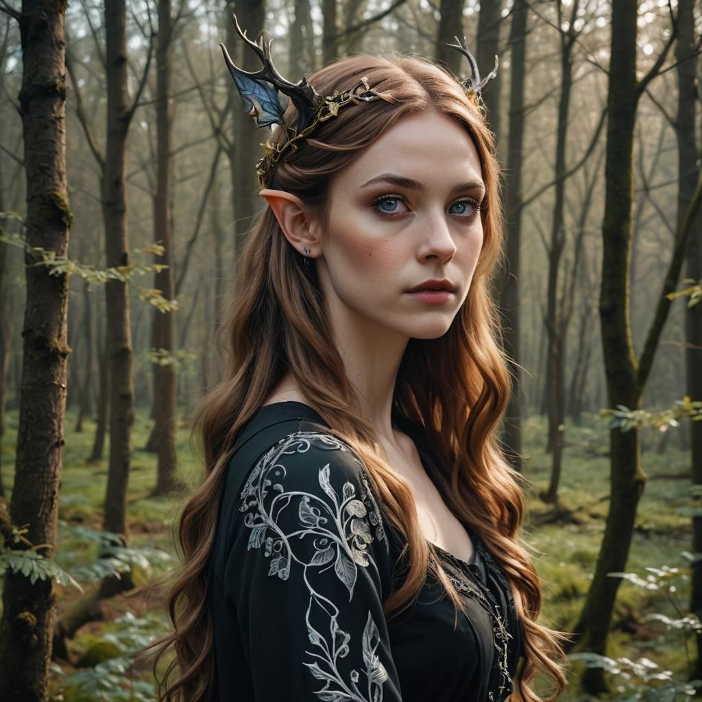 Elven Woman Portrait in Spring Forest, Art Nouveau Style
