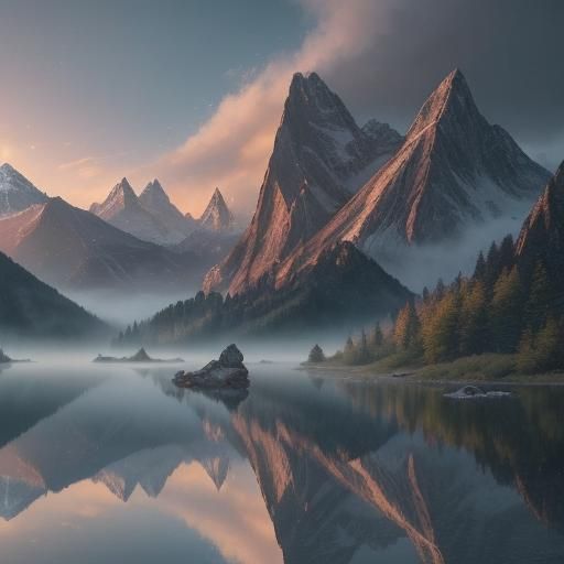 Mountain Lake Sunrise Reflection: Cinematic Digital Painting