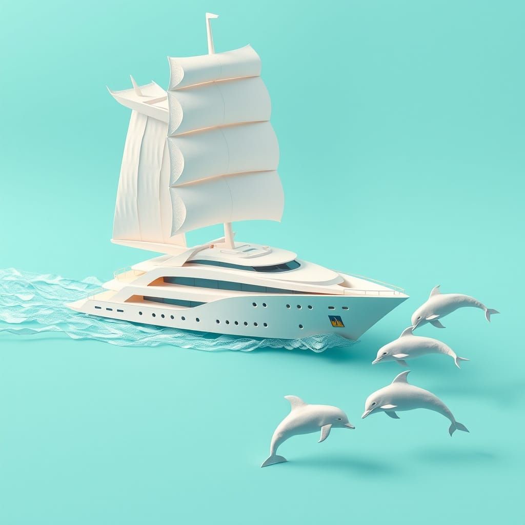 Sleek White Yacht Sails Through Turquoise Waters with Leapin...