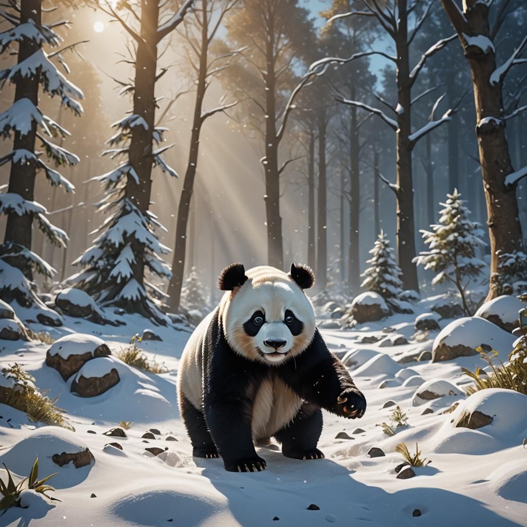 Panda Bear in Snowy Sunshine: Detailed Digital Painting