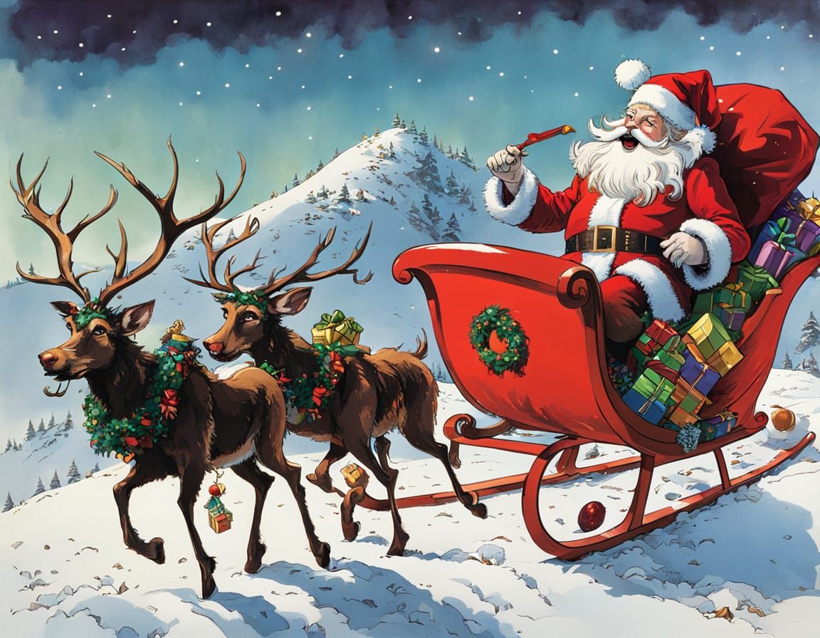 Santa's Chaotic Sleigh Ride in Whimsical Style