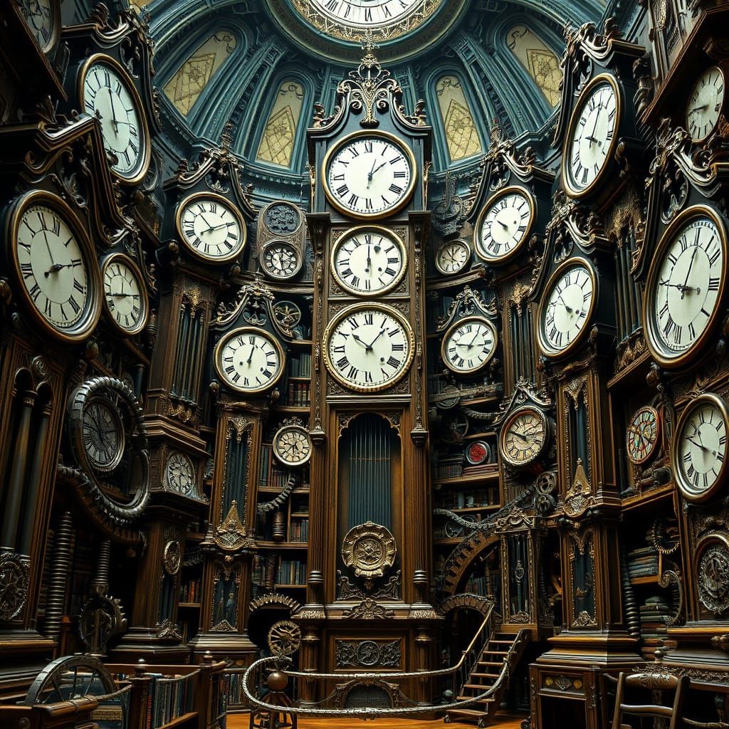 Steampunk Library of Grandfather Clocks