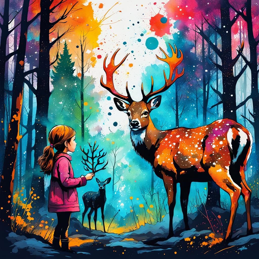 Girl and Deer Chat Under Starry Sky