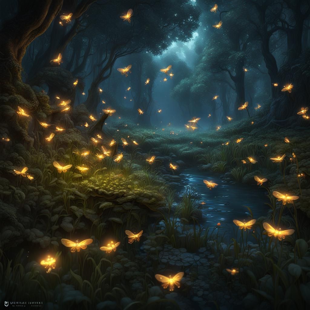 Detailed Matte Painting of Fireflies at Night