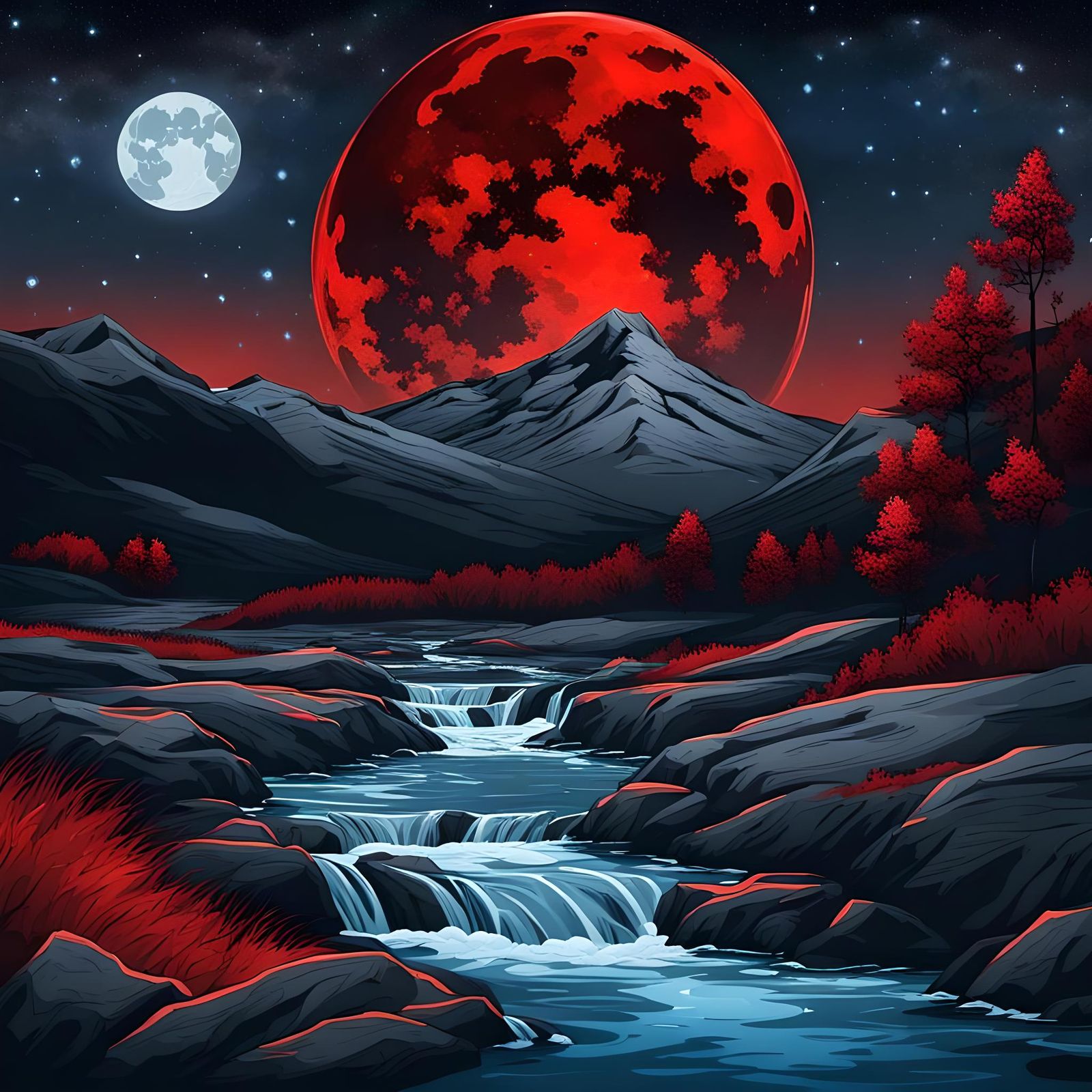 Red Moon Over Mountains at Night