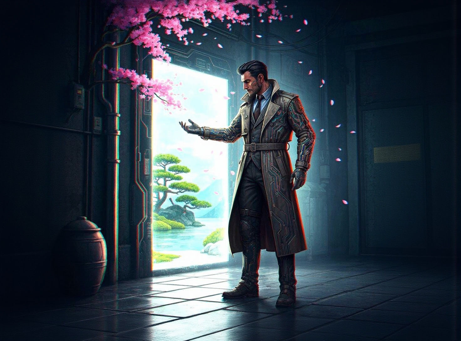 Cyberpunk Detective Investigates Portal to Zen Garden