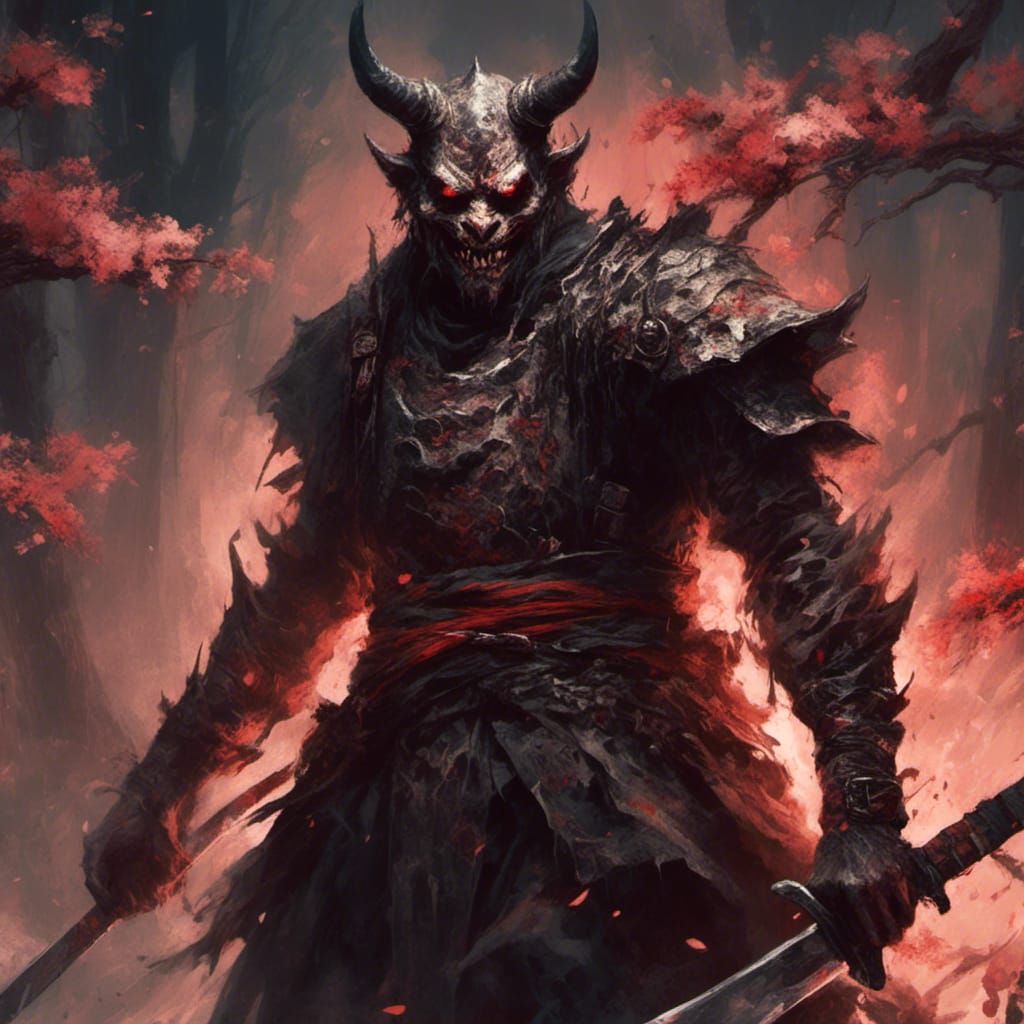 Terrifying Demon Samurai with Burning Cherry Blossoms