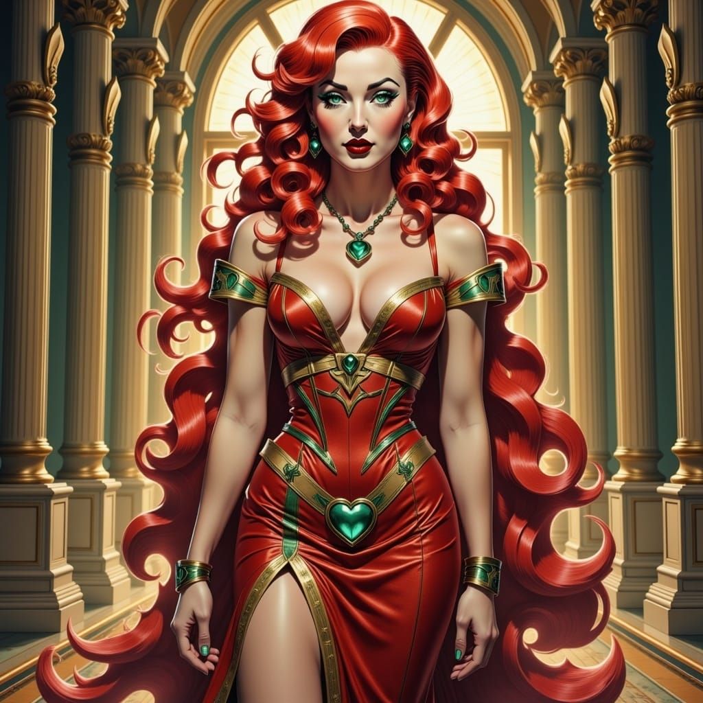 Regal Woman with Crimson Hair in Opulent Palace
