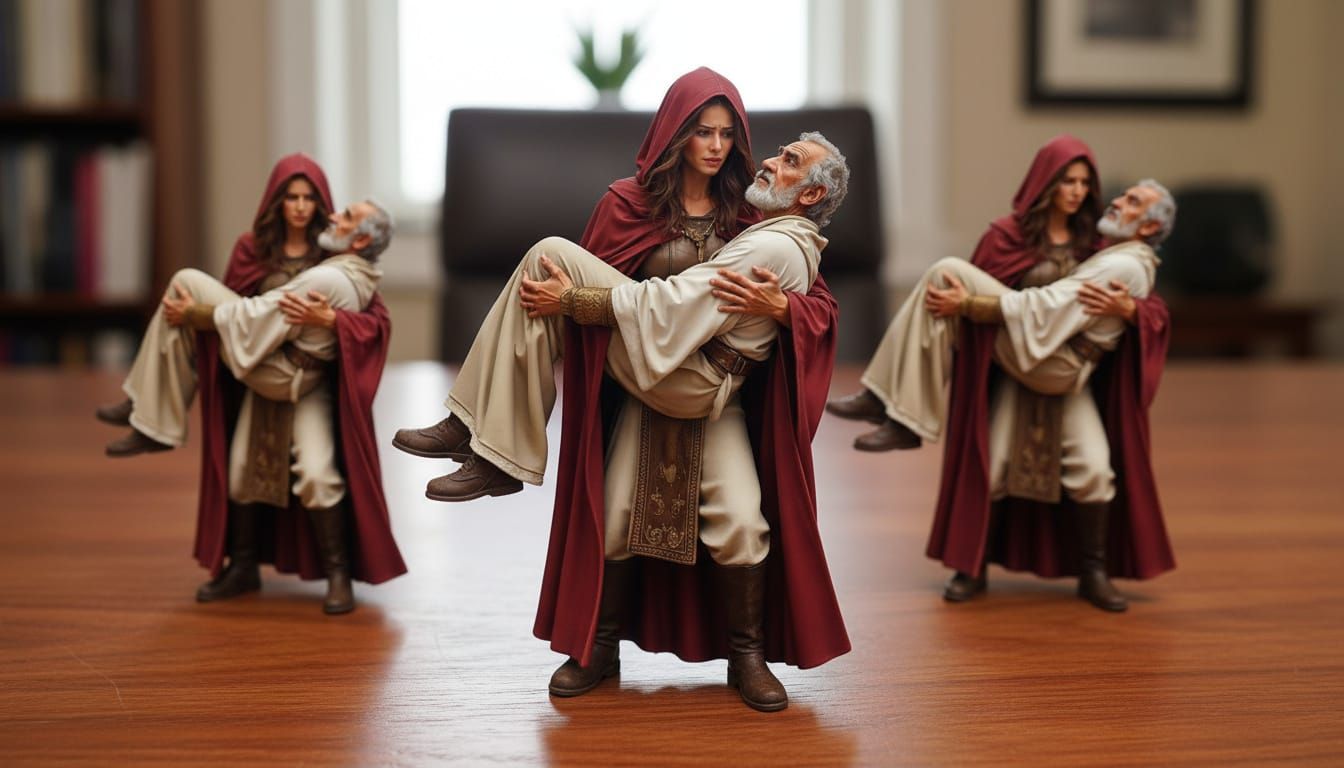 Fae Warrior Mage Carries Old Man Figurine