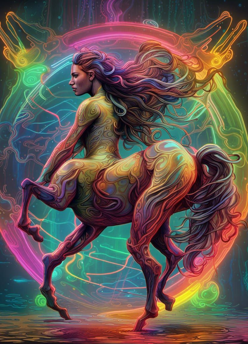 Neon Rainbow Centaur in Detailed Comic Art