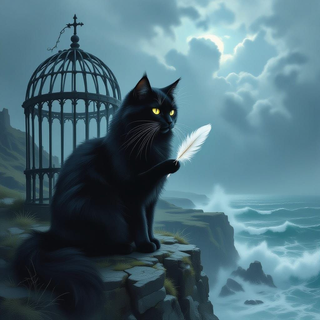 Melancholy Cat on Cliff Overlooking Stormy Sea