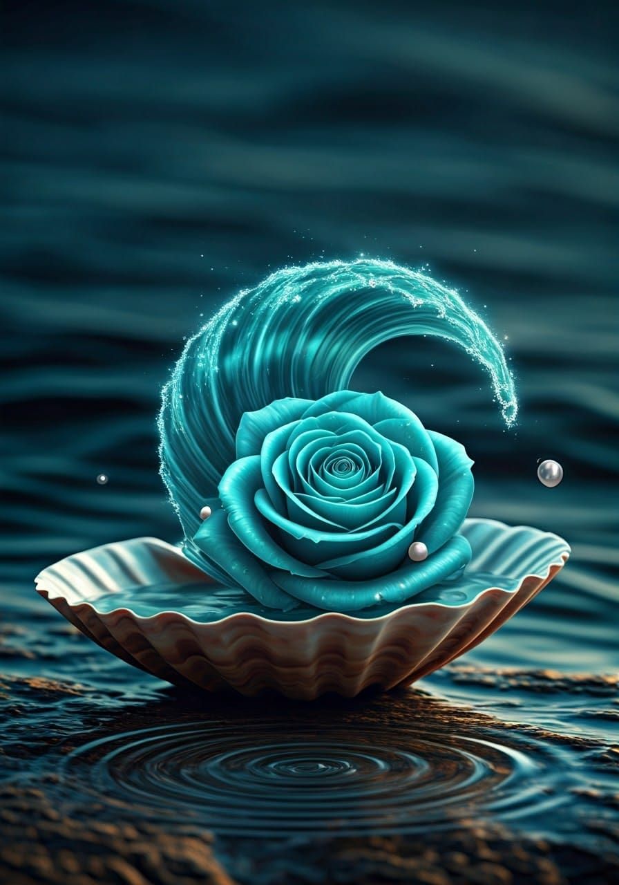 Turquoise Rose Wave with Pearls as Digital Art
