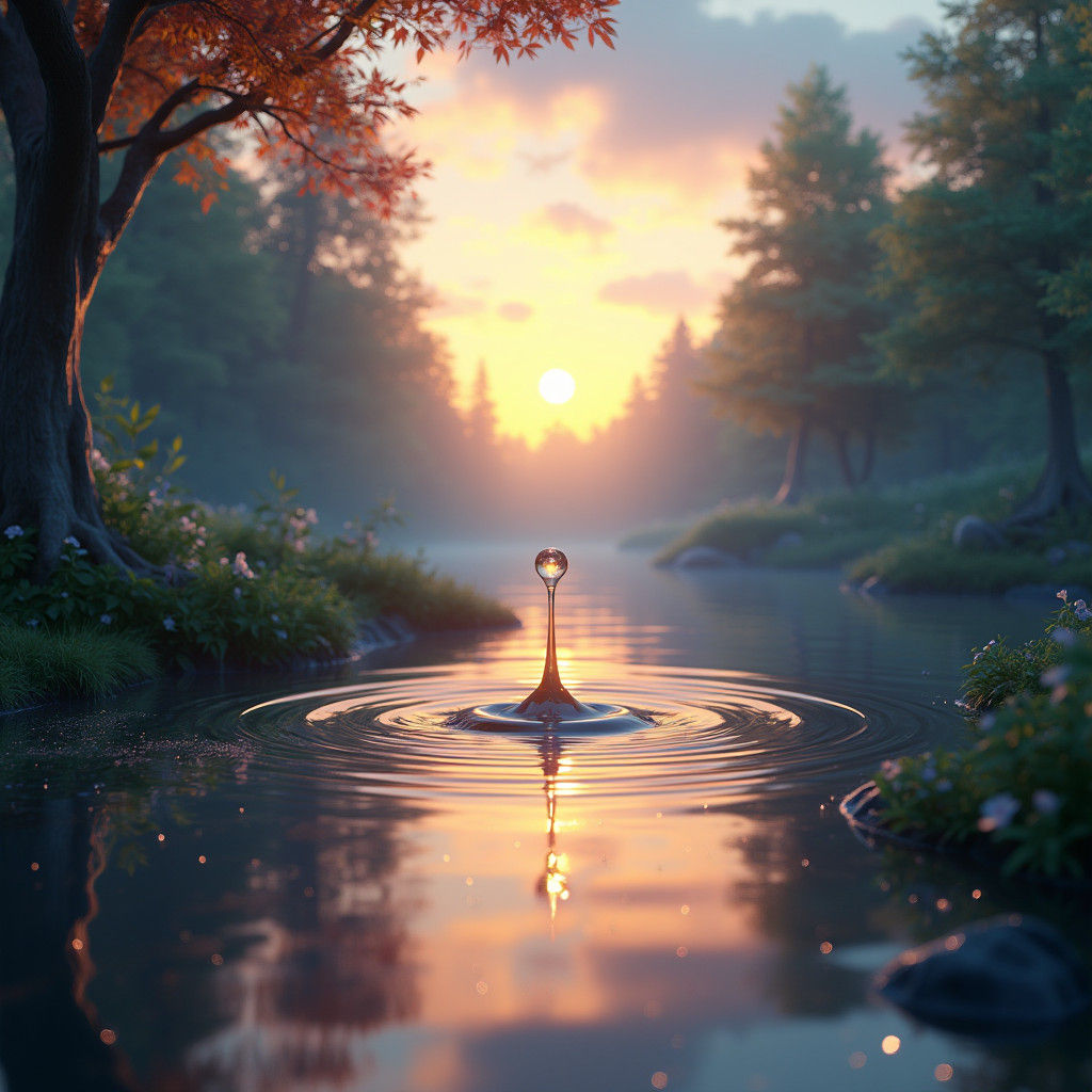 Enchanted Lake: Droplet at Sunset, Matte Painting