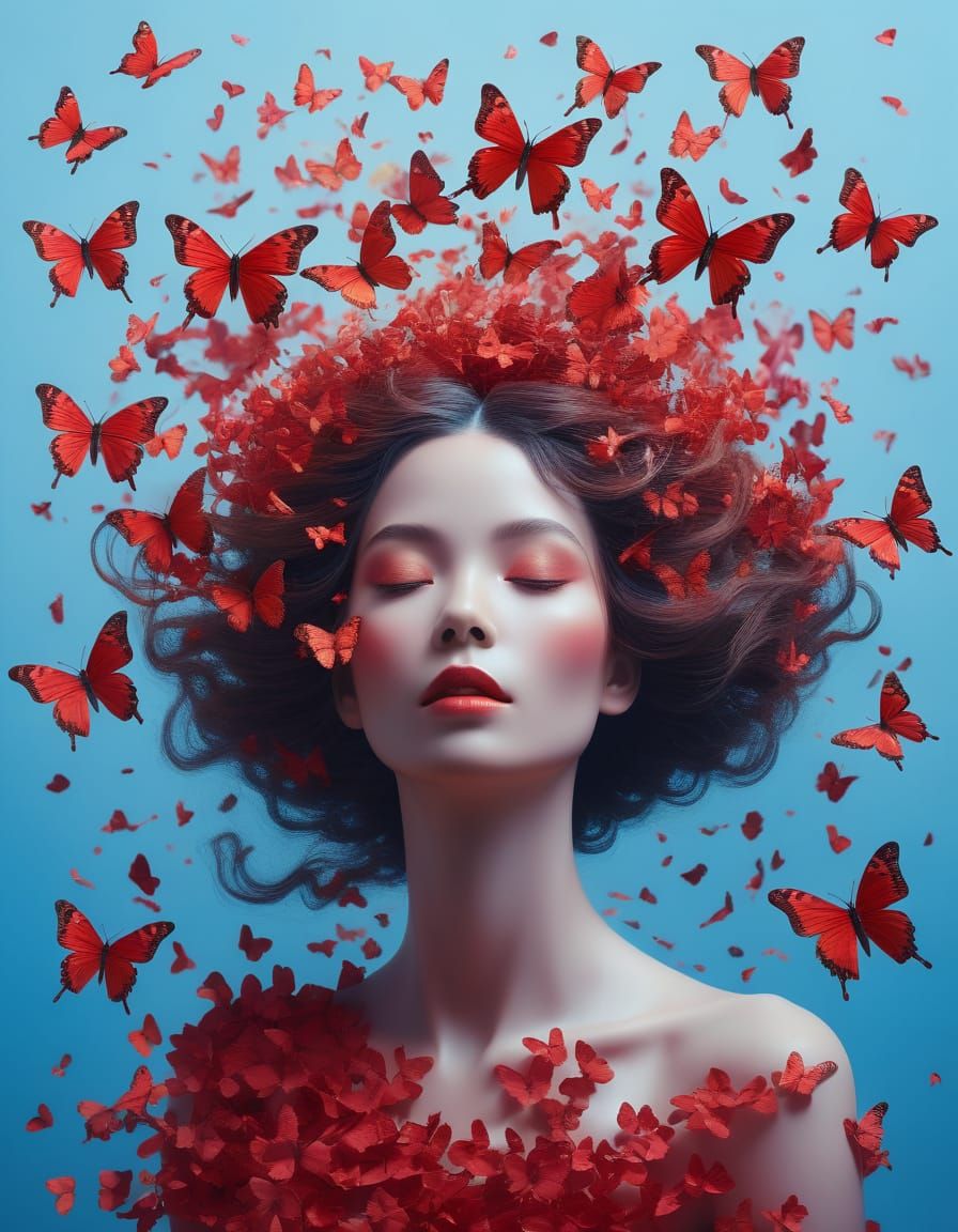 Surreal Goddess in Red Butterfly Form Levitates on Soft Blue...