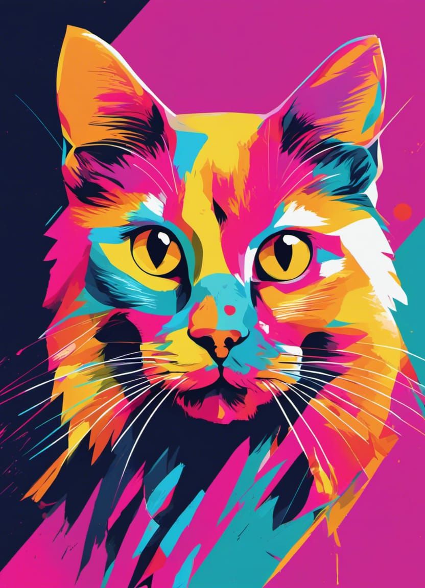Neon Cat Pop Art in Geometric Bauhaus Style