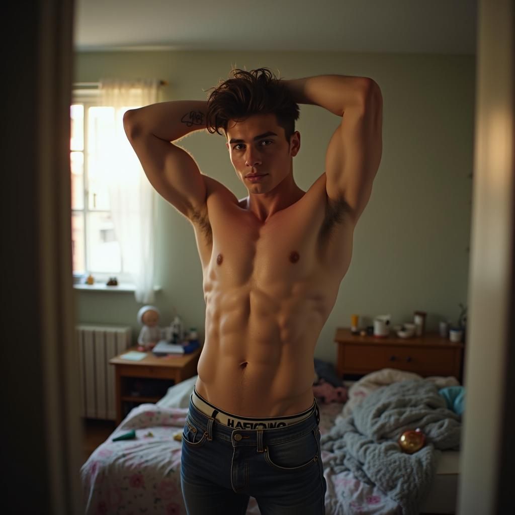 Young Man Stretching in Bedroom, Realistic Gritty Style
