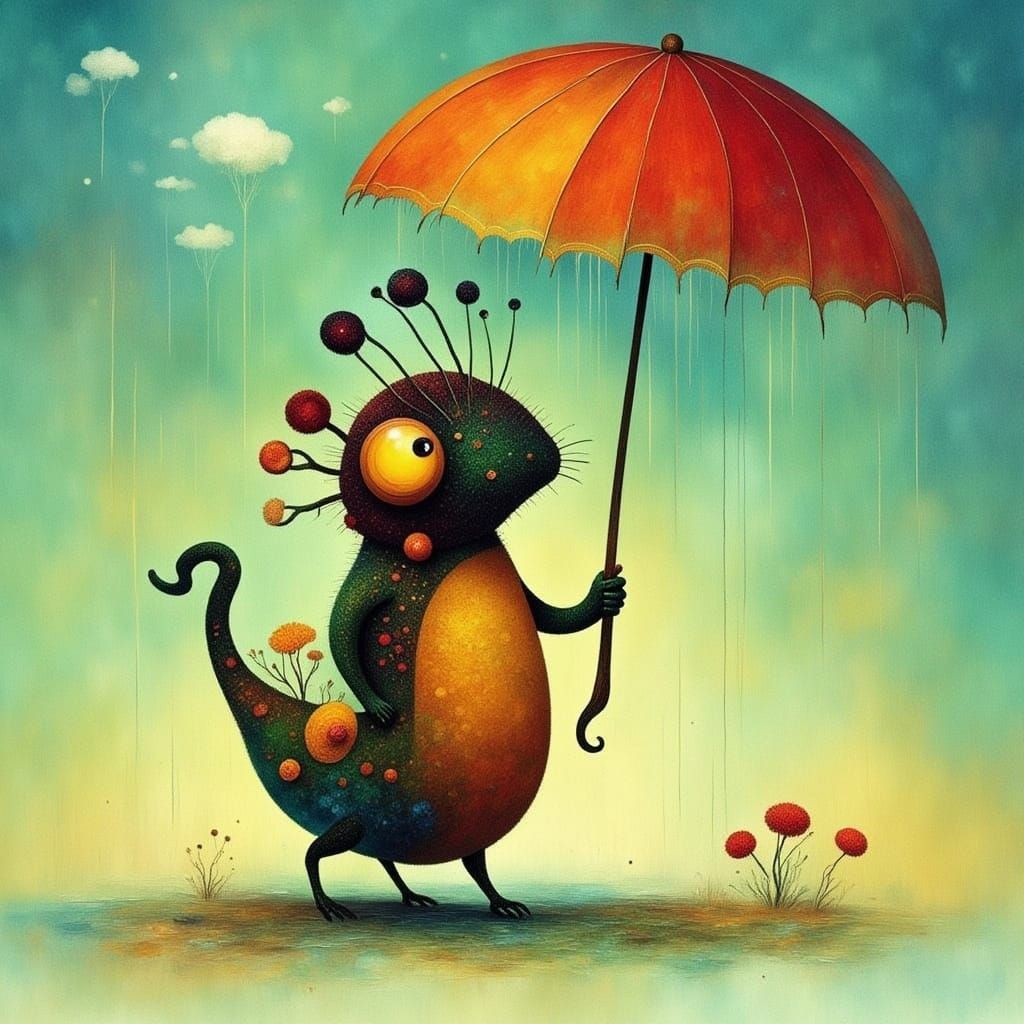 Whimsical Creature with Umbrella on Sunny Rainy Day