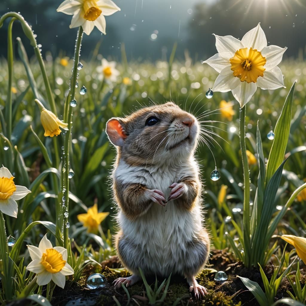 Vole Sniffs Dewdrop in Hyperrealistic Macro