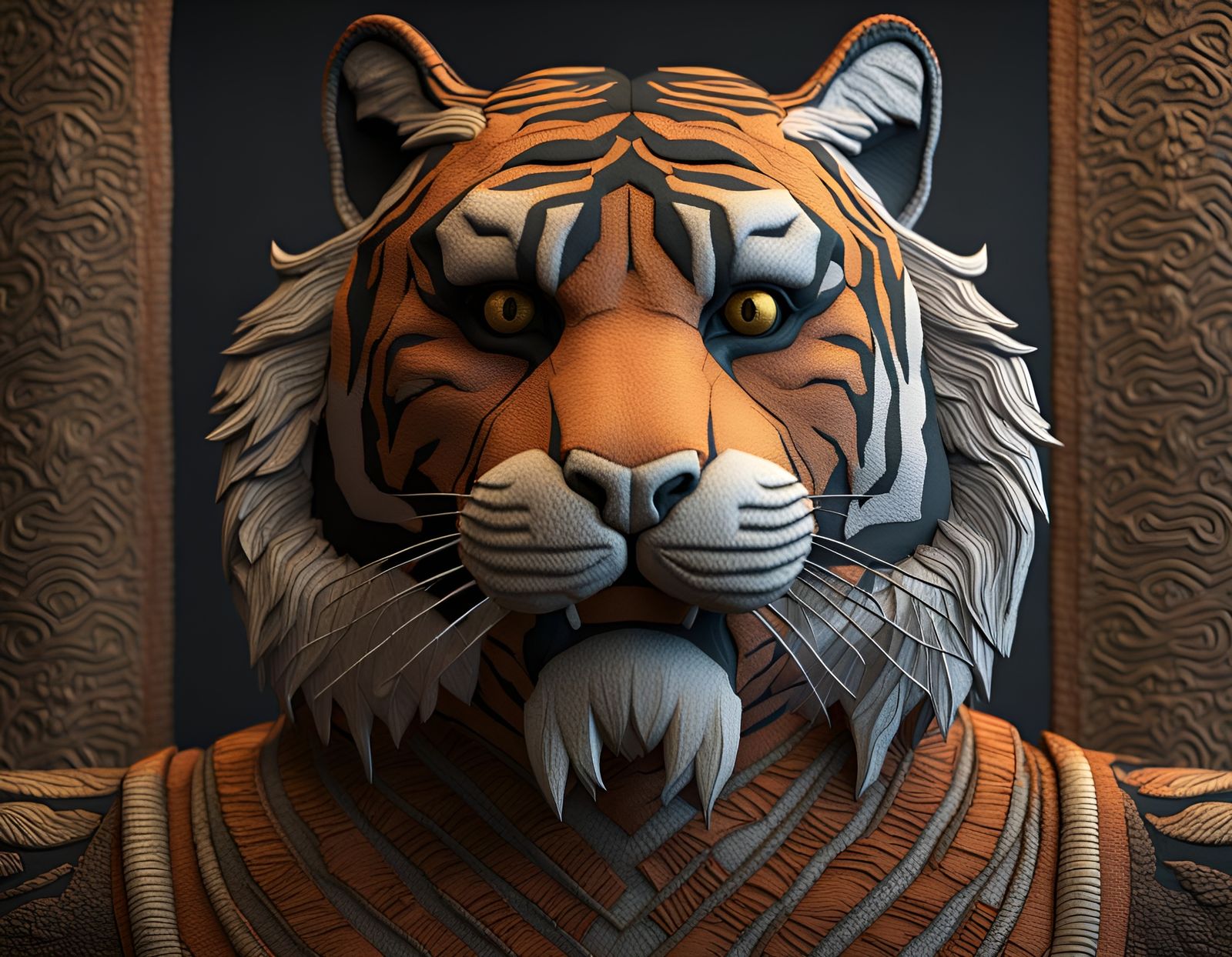 Embroidered Fabric Tiger Sculpture in 3D