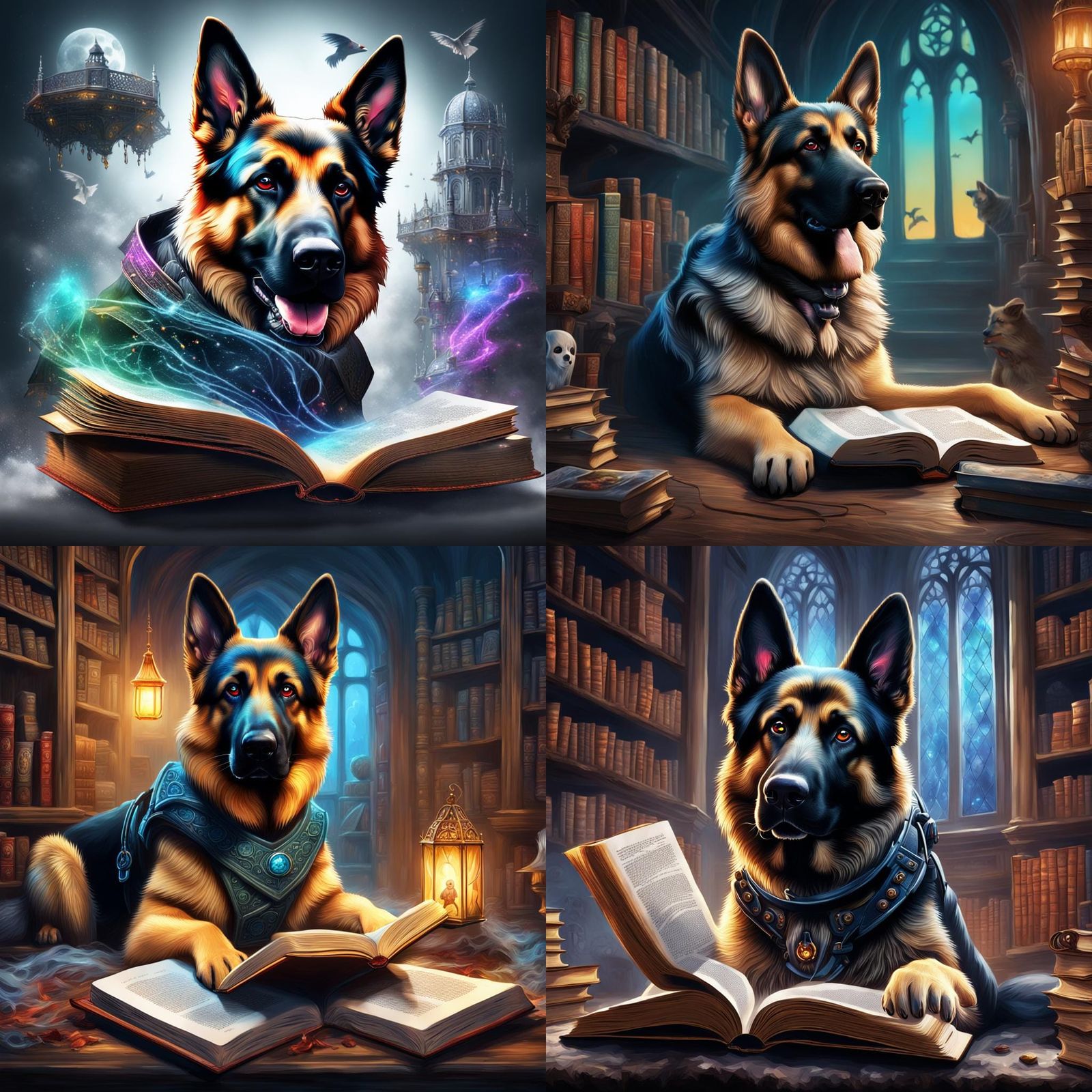 Frightened German Shepherd Reads Ghost Stories: Digital Art
