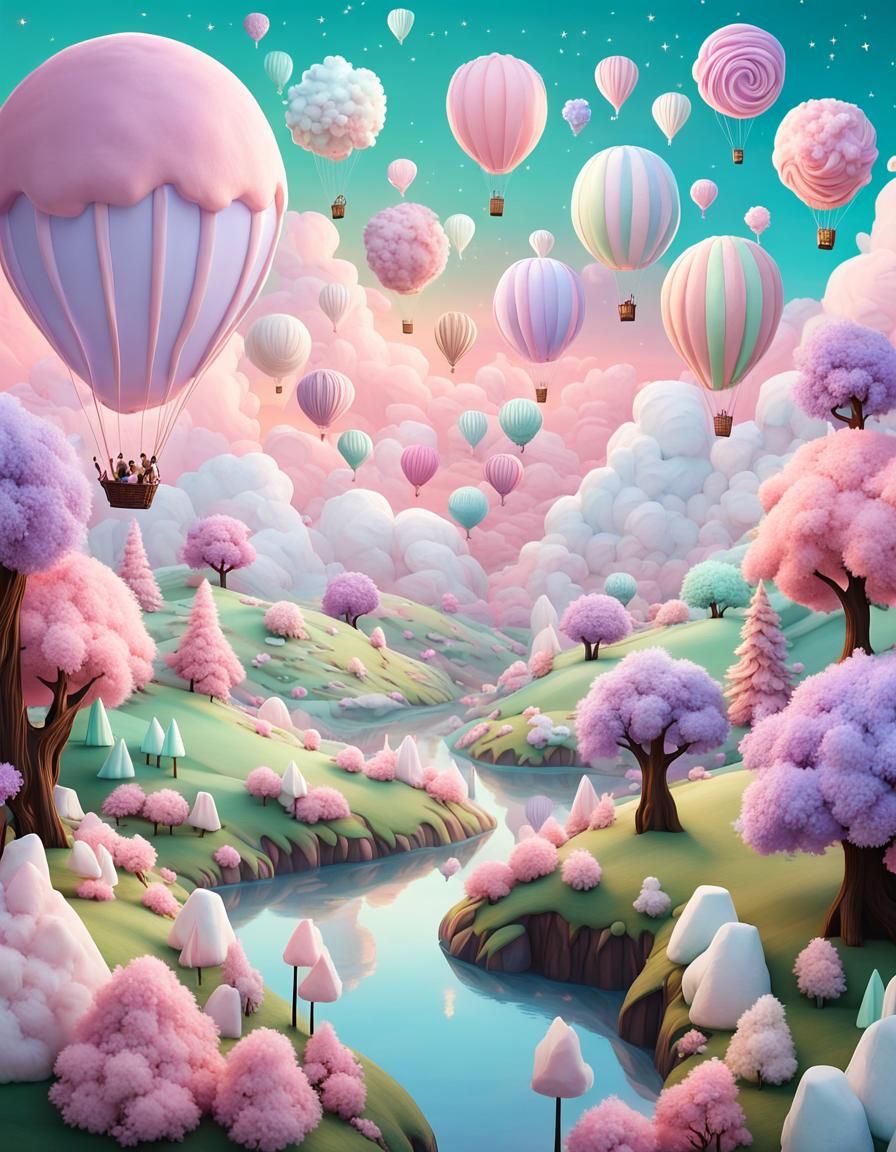 dreamy, whimsical Marshmallowpunk world filled with oversized marshmallow creatures lounging on fluffy, pastel-colored c...