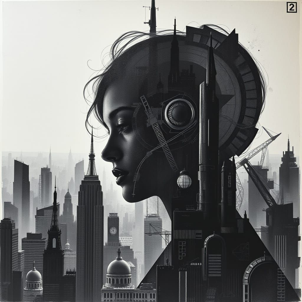 Futuristic Metropolis Portrait in Cubist Double Exposure