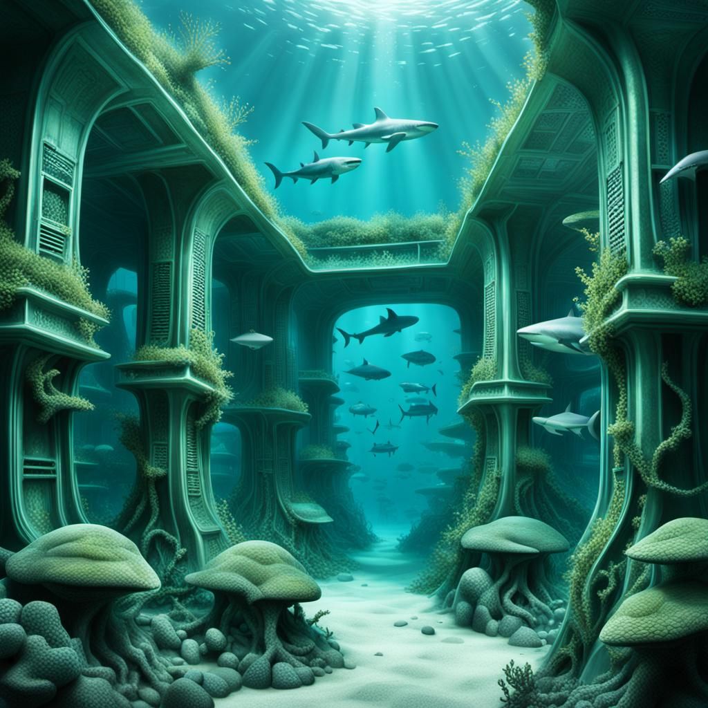 Underwater Office with Shark People in Giger Style