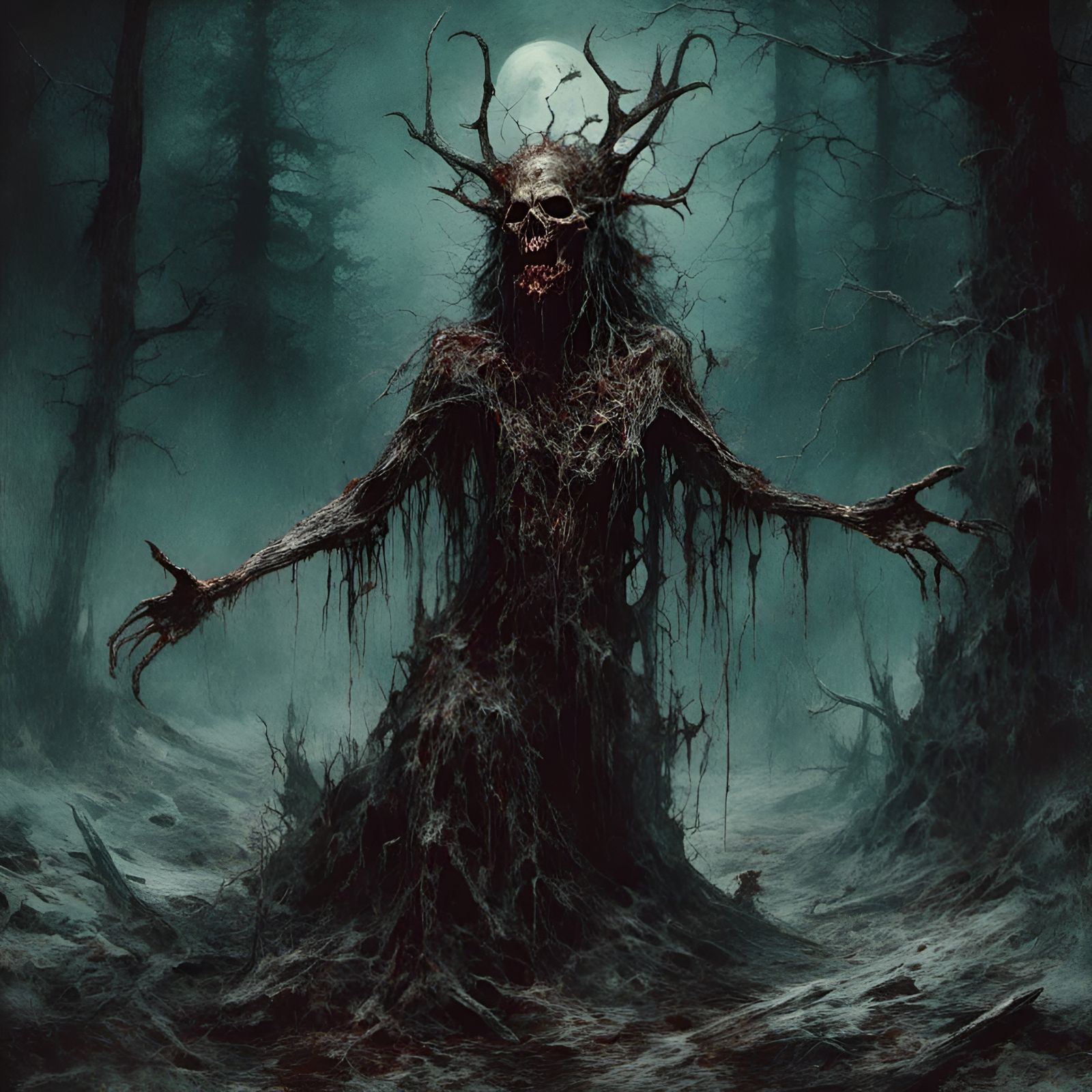 Native American Wendigo Witch in Macabre Comic Style