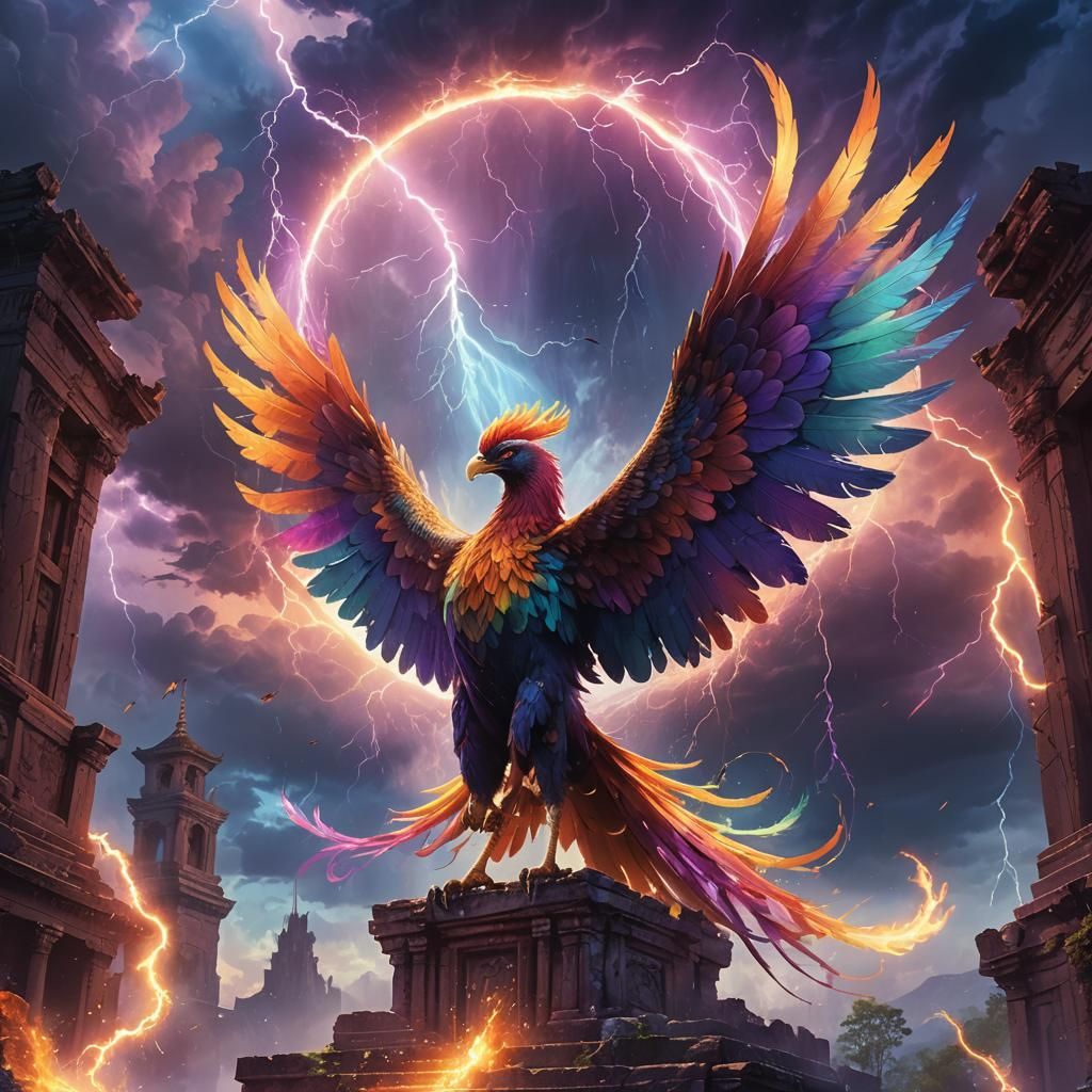 Phoenix Rising in Rainbow Lightning: Fantasy Concept Art