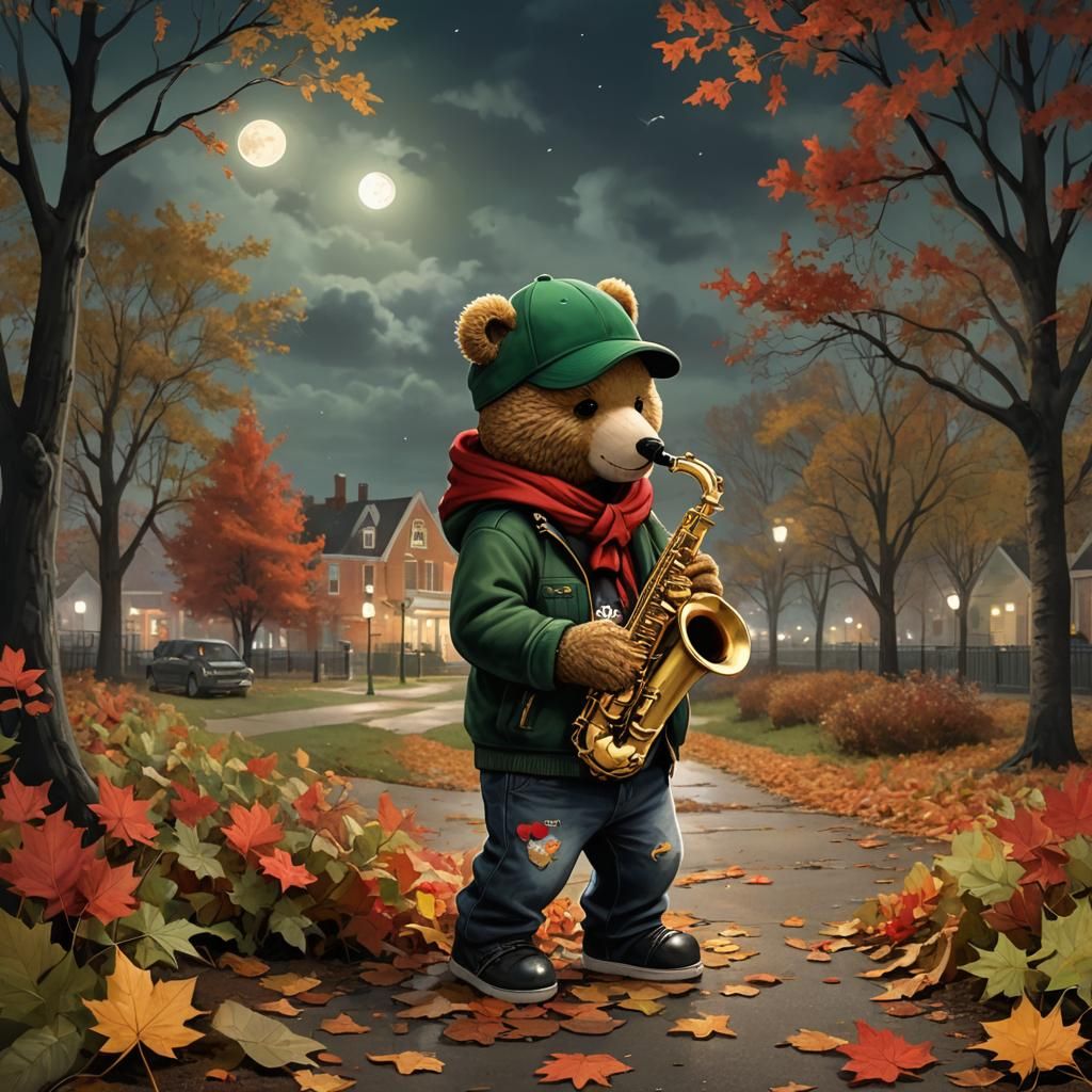 Teddy Bear Saxophonist in Autumnal Landscape