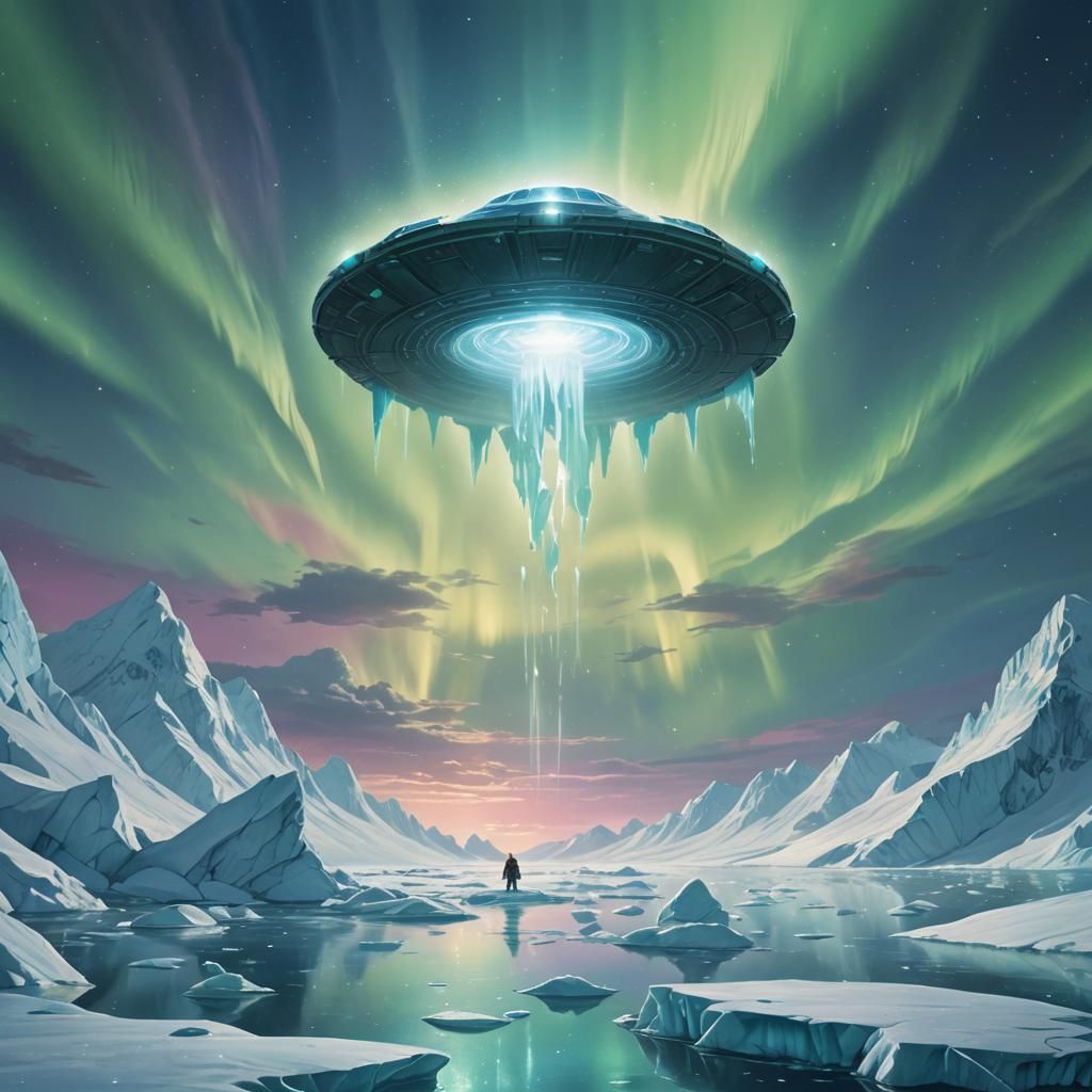 Giant UFO Over Arctic Glacier: Fantasy Concept Art