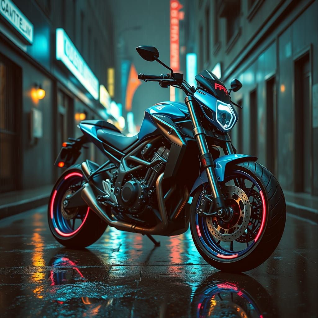 Futuristic Blue Motorcycle in Cyberpunk Alleyway