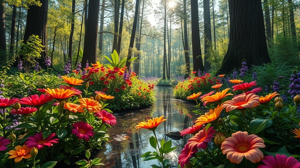 Spring Forest with Glistening Water: HDR Oil Painting