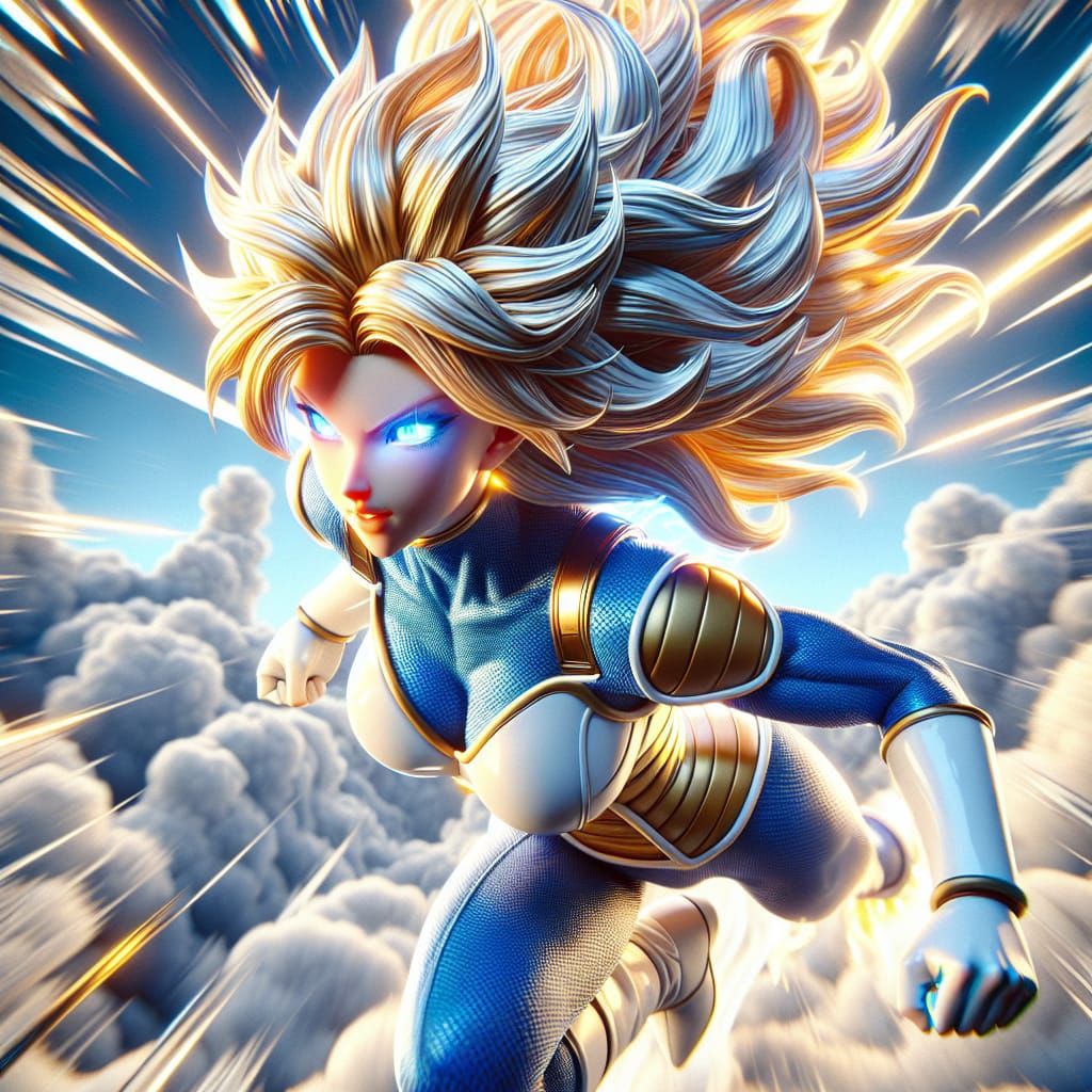 Super Saiyan Inspired Heroine Soaring Through Clouds