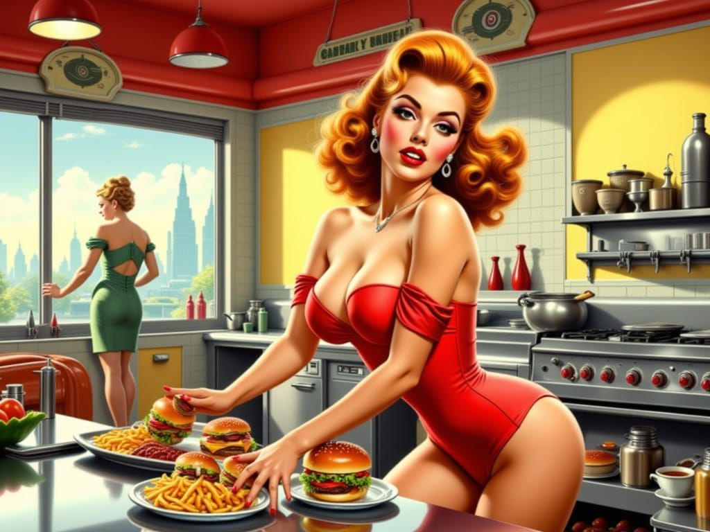 1950s Pinup Flipping Burgers in Diner Style