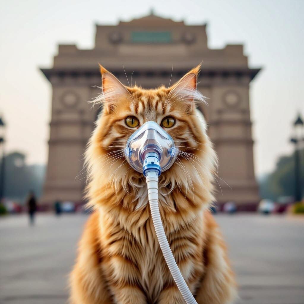 Ginger Cat with Oxygen Mask at India Gate
