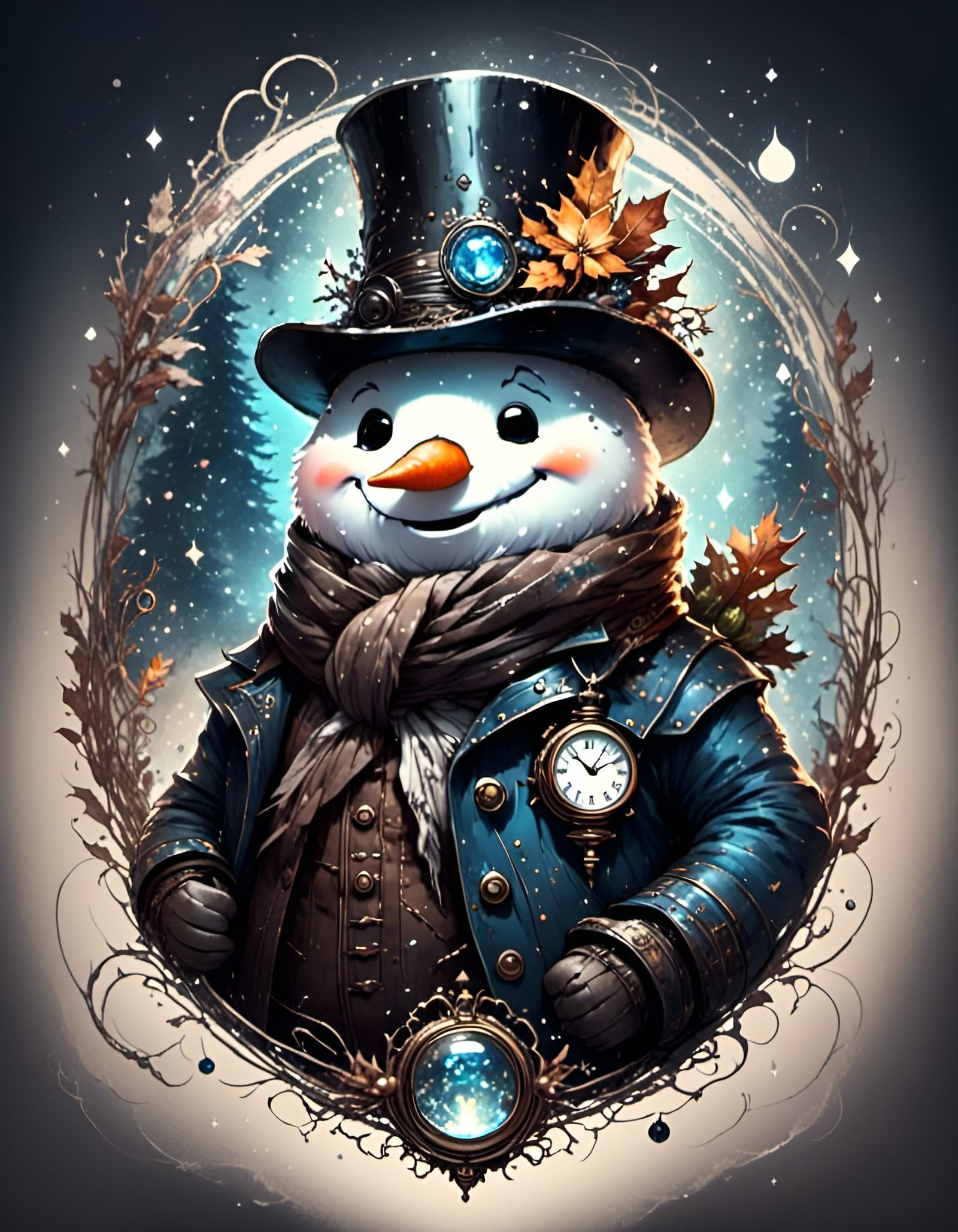 Hyperreal Steampunk Snowman Portrait with Garland Hat