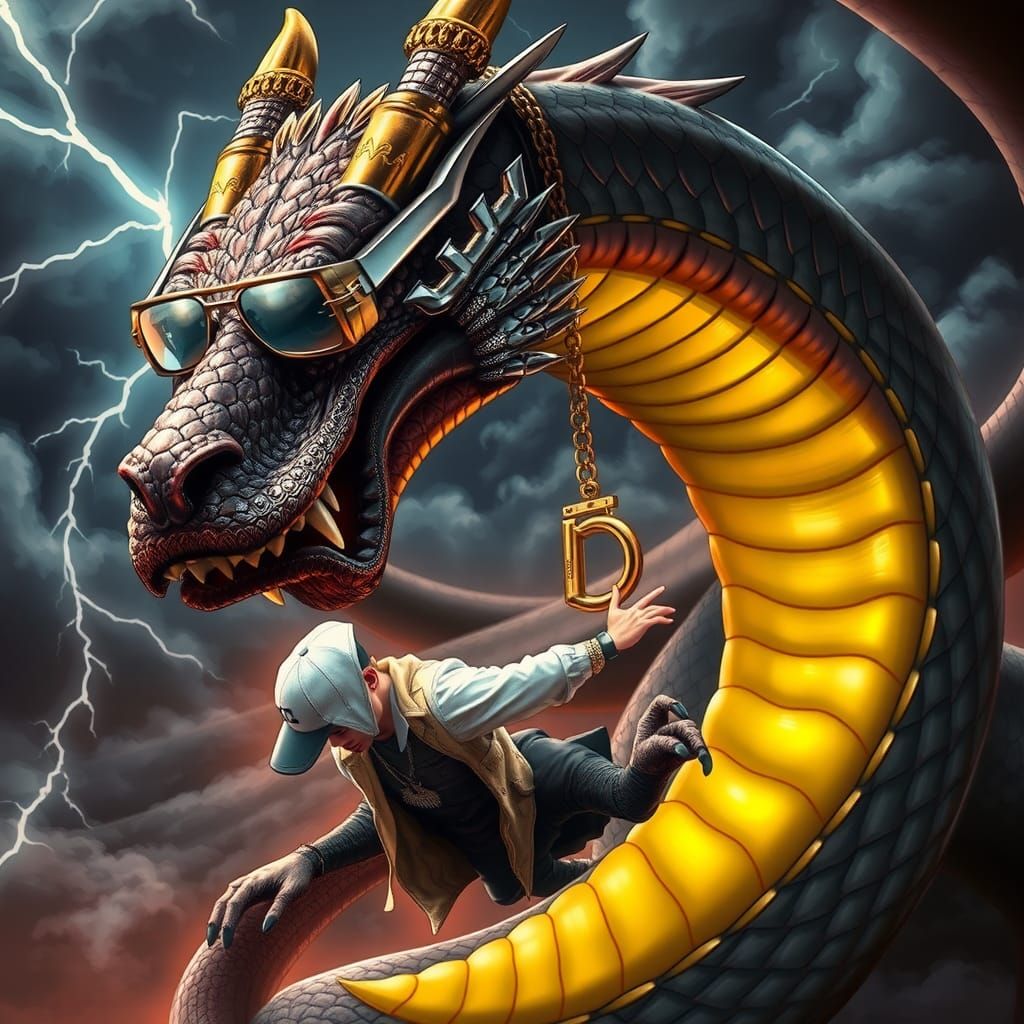 Dr. Dre Dragon Grasping Eminem, Futuristic Style