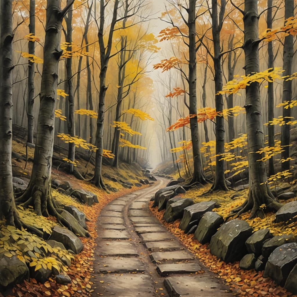 Mystical Autumn Woodland Path Pencil Sketch