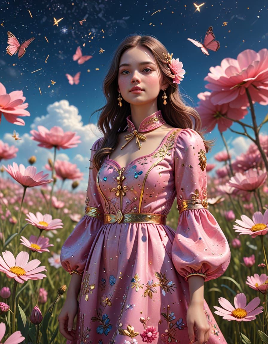 Pink Meadow Reverie Under Starry Skies