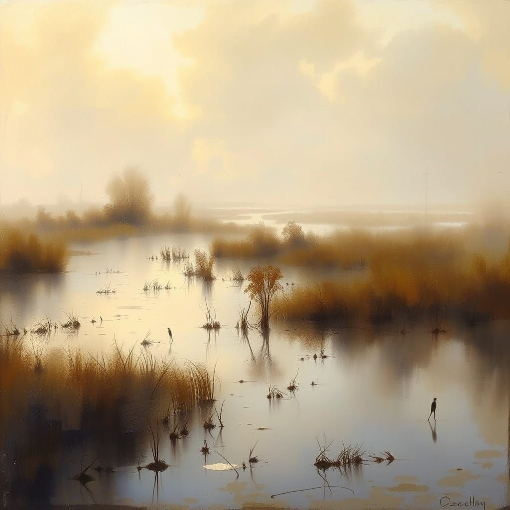 Dreamy Marsh Landscape in Style of Romantic Era Painting