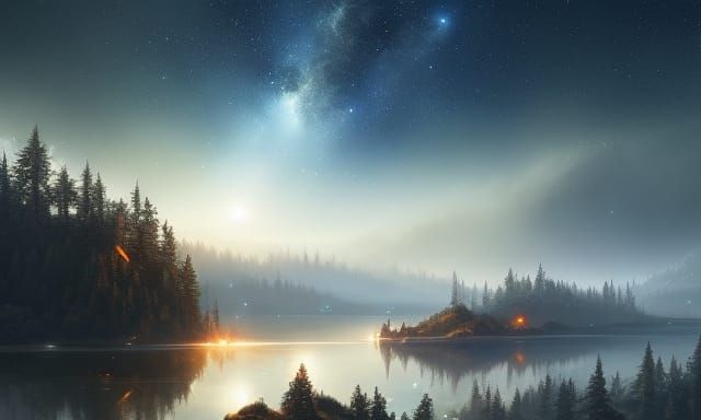 Starry Fractal Clouds Over Romantic Forest Landscape